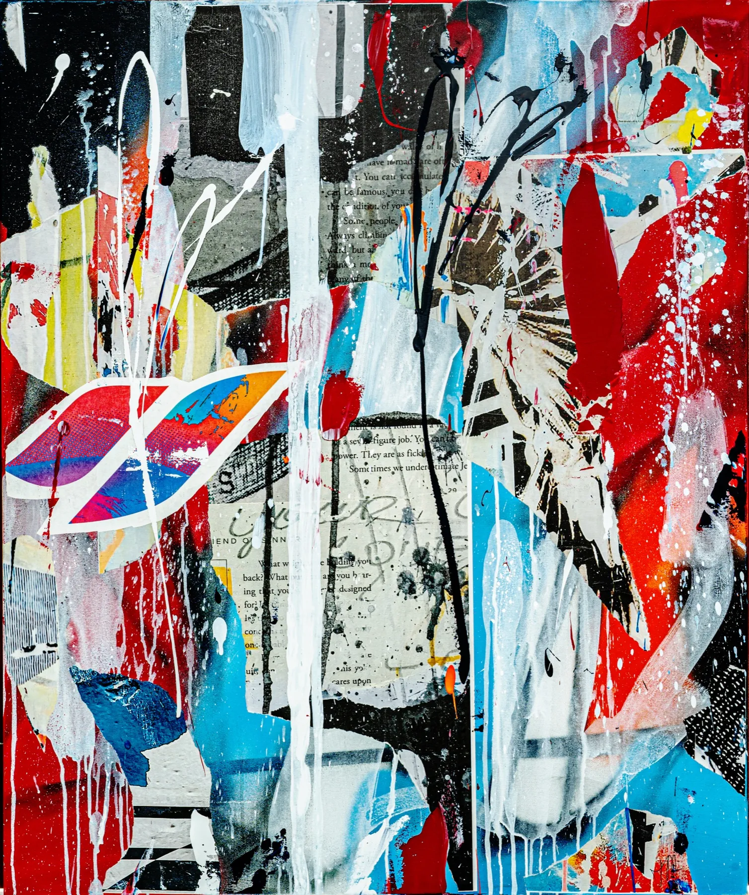 Obra en técnica mixta con brochazos rojos, azules y blancos y una calcomanía del ala de Rushing Wind.
