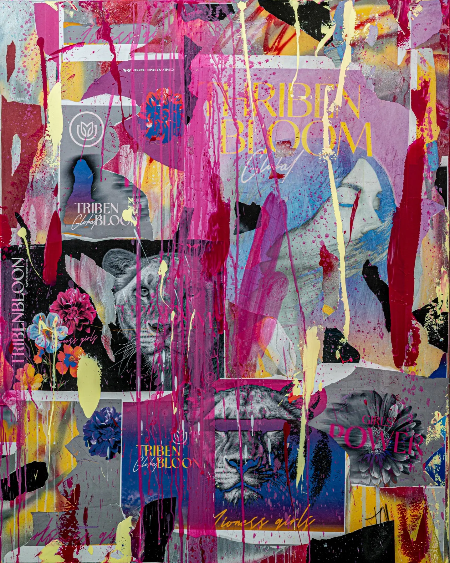Obra urbana de Rushing Wind: collage en tonos magenta con flores, leonas y carteles de Triben Bloom.