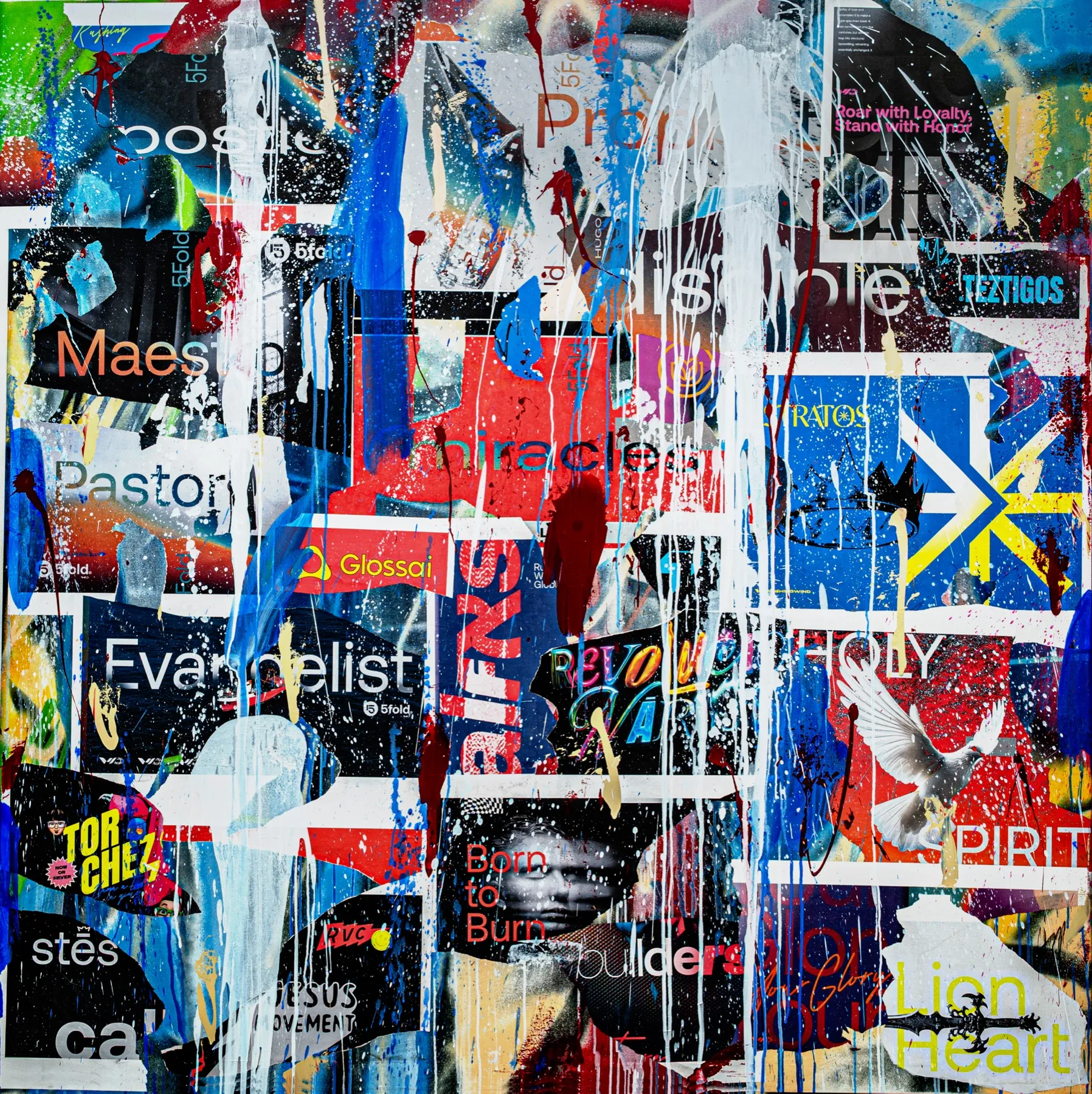 Obra urbana de Rushing Wind: muro de carteles con llamados como pastor, evangelista, maestro y discípulo bajo pintura escurrida.