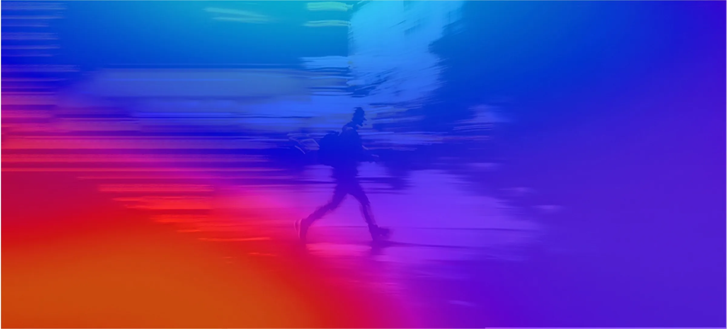 Textura oficial de Rushing Wind Global: silueta de una persona corriendo entre barridos de luz azul, violeta y roja.